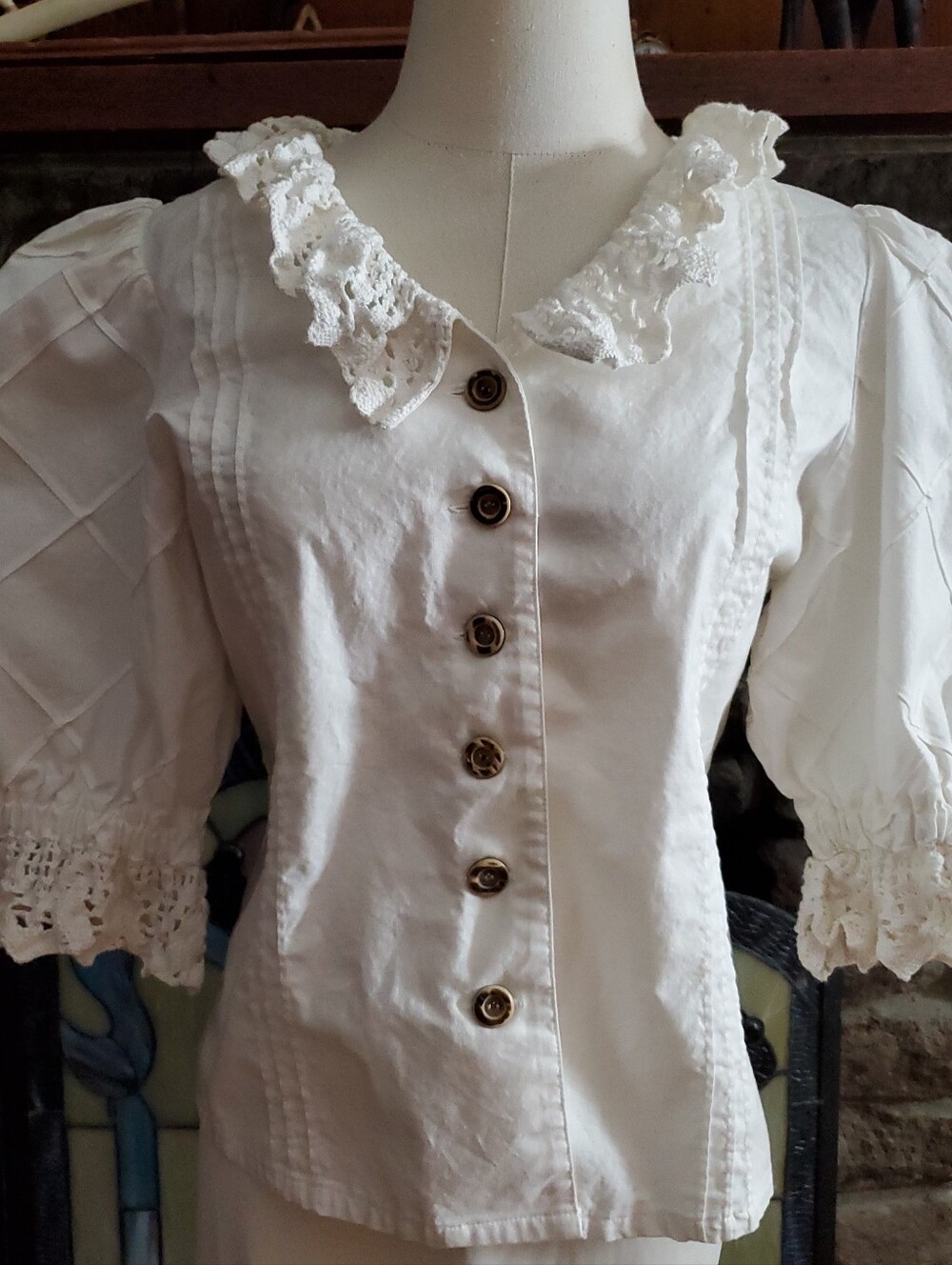 Alphorn Trachten German Traditional Cotton Top Crochet Lace Oktoberfest Size 38